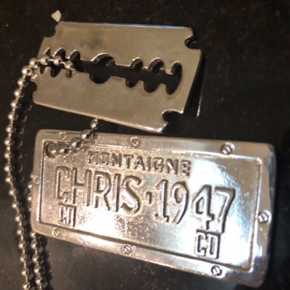 Vintage Dior Ltd. Edit. Silver Tone Necklace with License Plate and Razor Blade